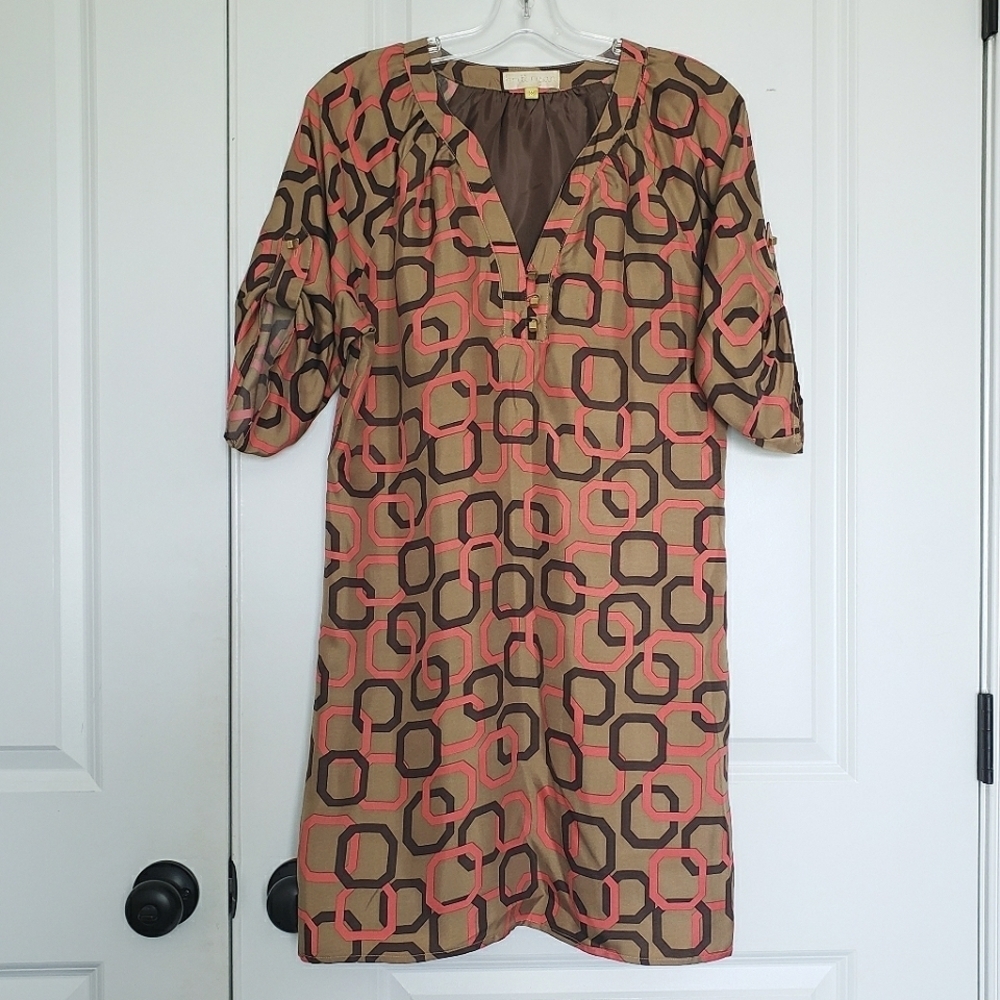 Britt Ryan Tan Brown Coral Geo Link Short Sleeve Silk Dress 8